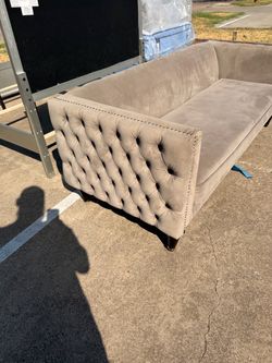 Gray Velvet Tufted Sofa with Nailhead Trim