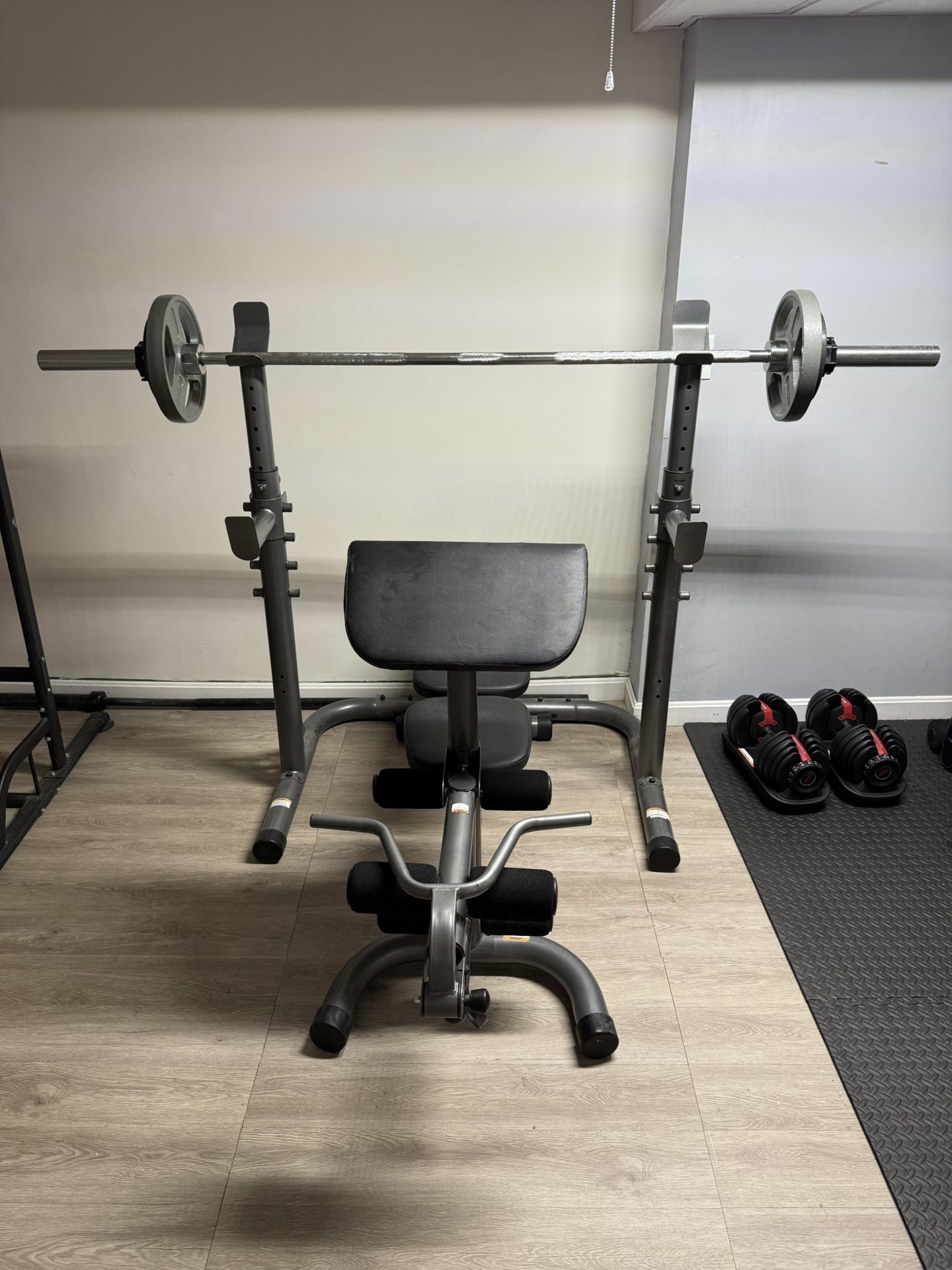 Weider Bench/Squat Rack + Barbell And Weights + Weight Tree