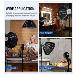 3 items - Godox ML-SF50 Octagon Softbox, LED Video Light and tripod