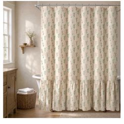 New Farmhouse Cute Floral Shower Curtain with Ruffle Hem 72X72