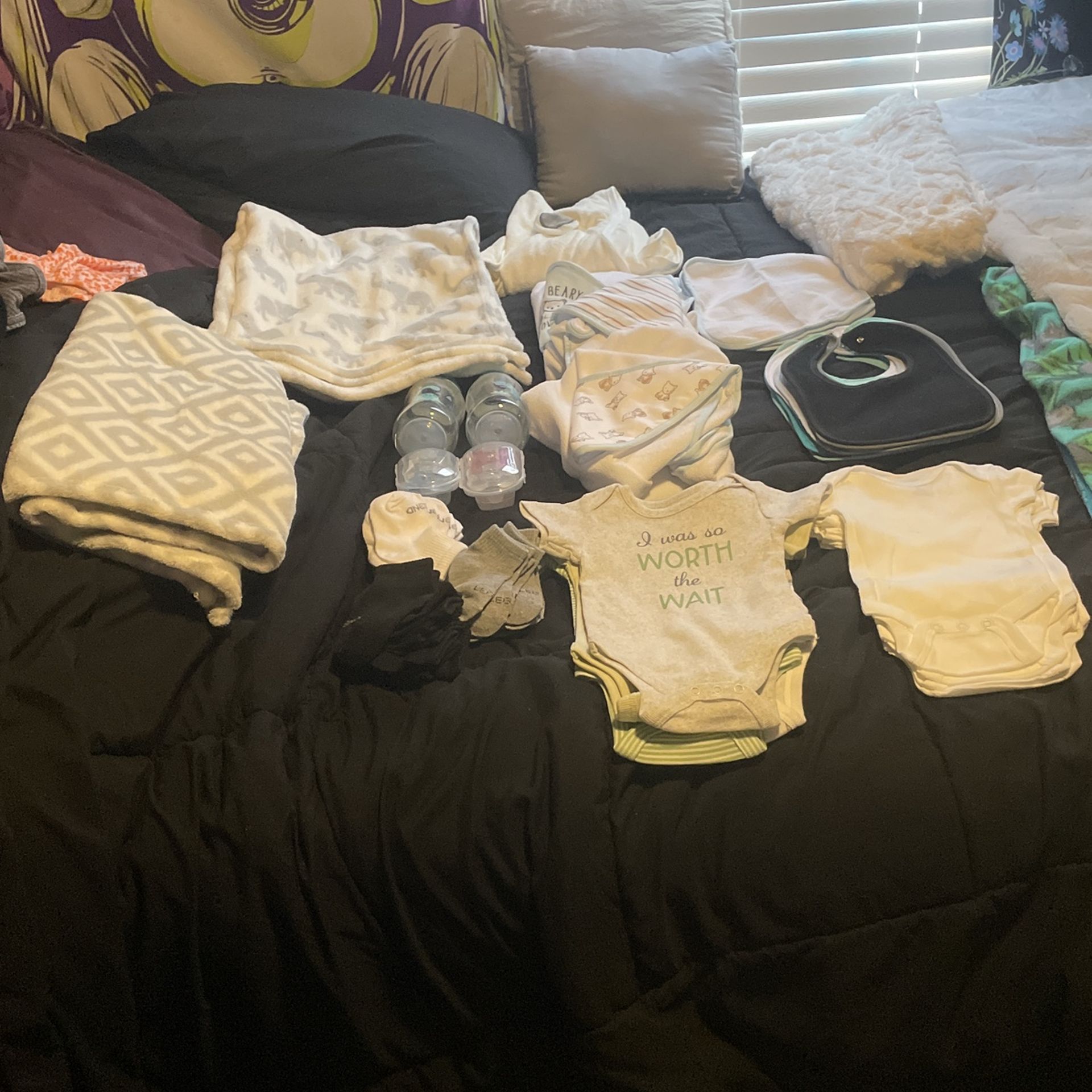 Baby clothes/towels/bottles/bibs/binkys/socks/blankets