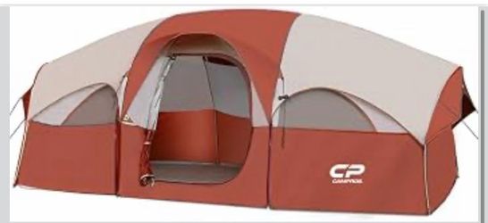 8 Person Camping Tent, Room Divider, Rainfly, Weather Resistant Family tent with 5 large mesh windows, double-layer design, and a carry bag, 14' x 9'