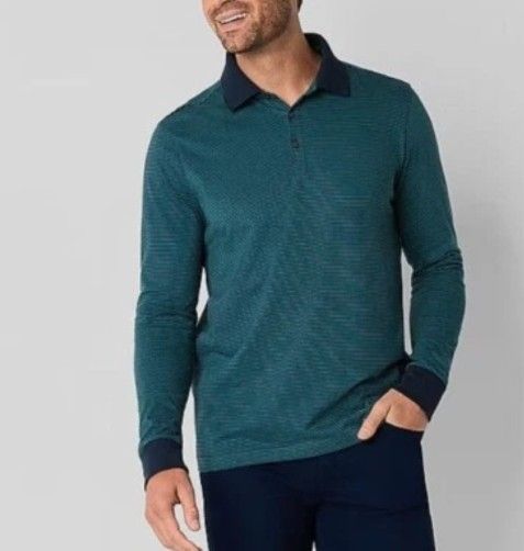 Men's Teal Mini Striped Jersey Knit Long Sleeves Polo Shirt 