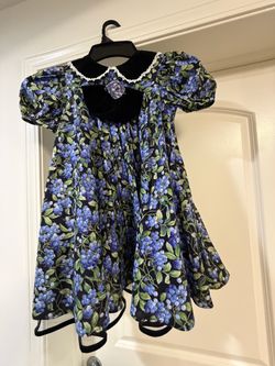 Vintage Girls Blue Floral Dress Puff Sleeves Velvet Bow Lace Trim
