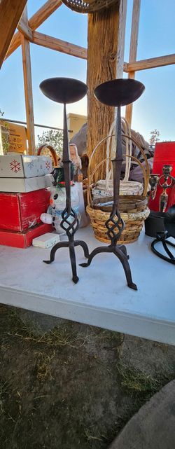Vintage Wrought Iron Pillar Candle Holders - Open Twist Pair