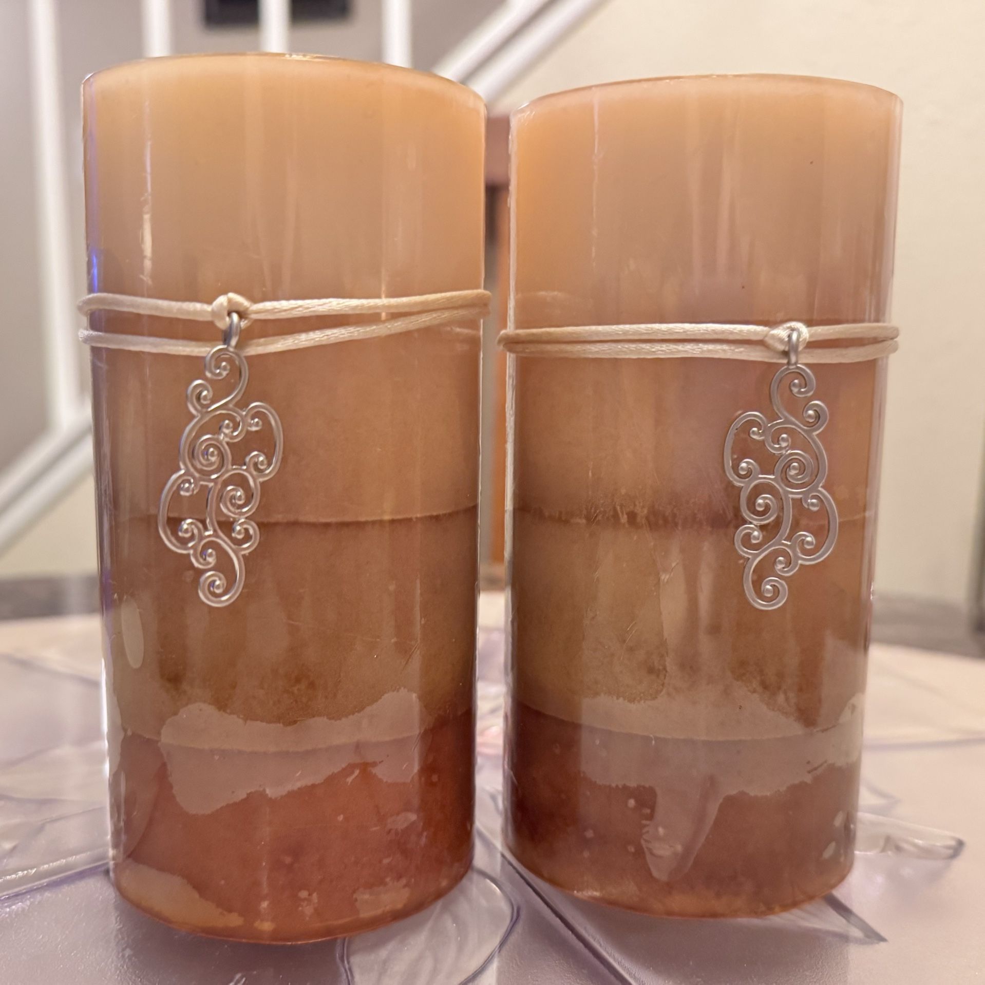 Pair Of Pier 1 Vanilla Creme 3x6 Pillar Candles NOS Discontinued Scent Tan Brown