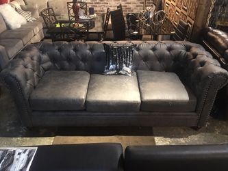 Grey Rustic Tufted Sofa and Love Seat + Studs