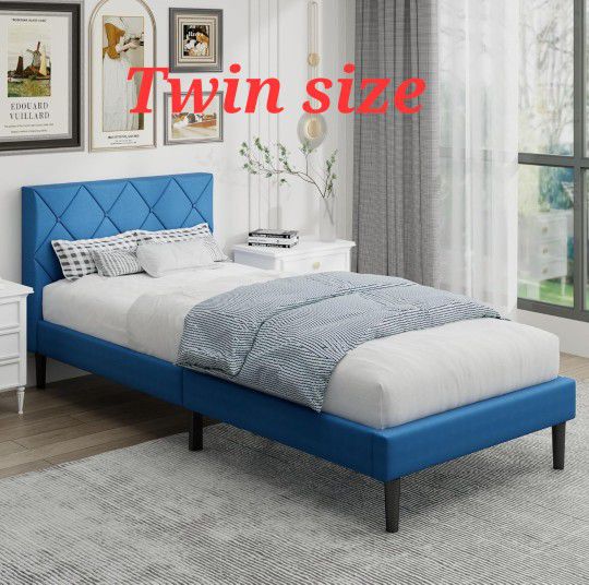 Twin size Linen Wrapped Platform bed frame blue