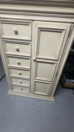 Cream Wood Armoire with Drawers and Cabinet