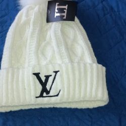 Cream Colored, Fleece Lined Monogram, LV Beanie