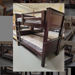 Twin Over Twin BunkBed Made Of Pine Wood Two Mattress Include 