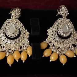 Traditional Gold Kundan Chandbali Earrings with Yellow Beads & Pearls