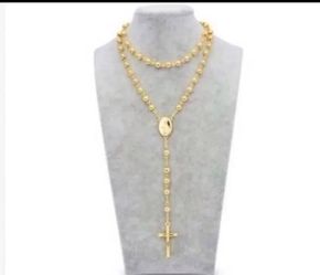 18K Gold Plated Virgin Mary Rosary Bead Cross Necklace