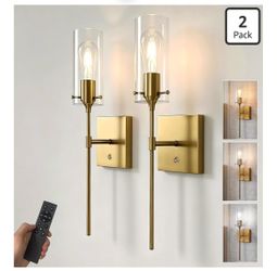 Dimmable 3 Colors Gold Battery Operated Wall Sconce Set of Two, Rechargeable Wireless Remote Control Wall Lamp Not Hardwired, Cordless Brass Wall Ligh