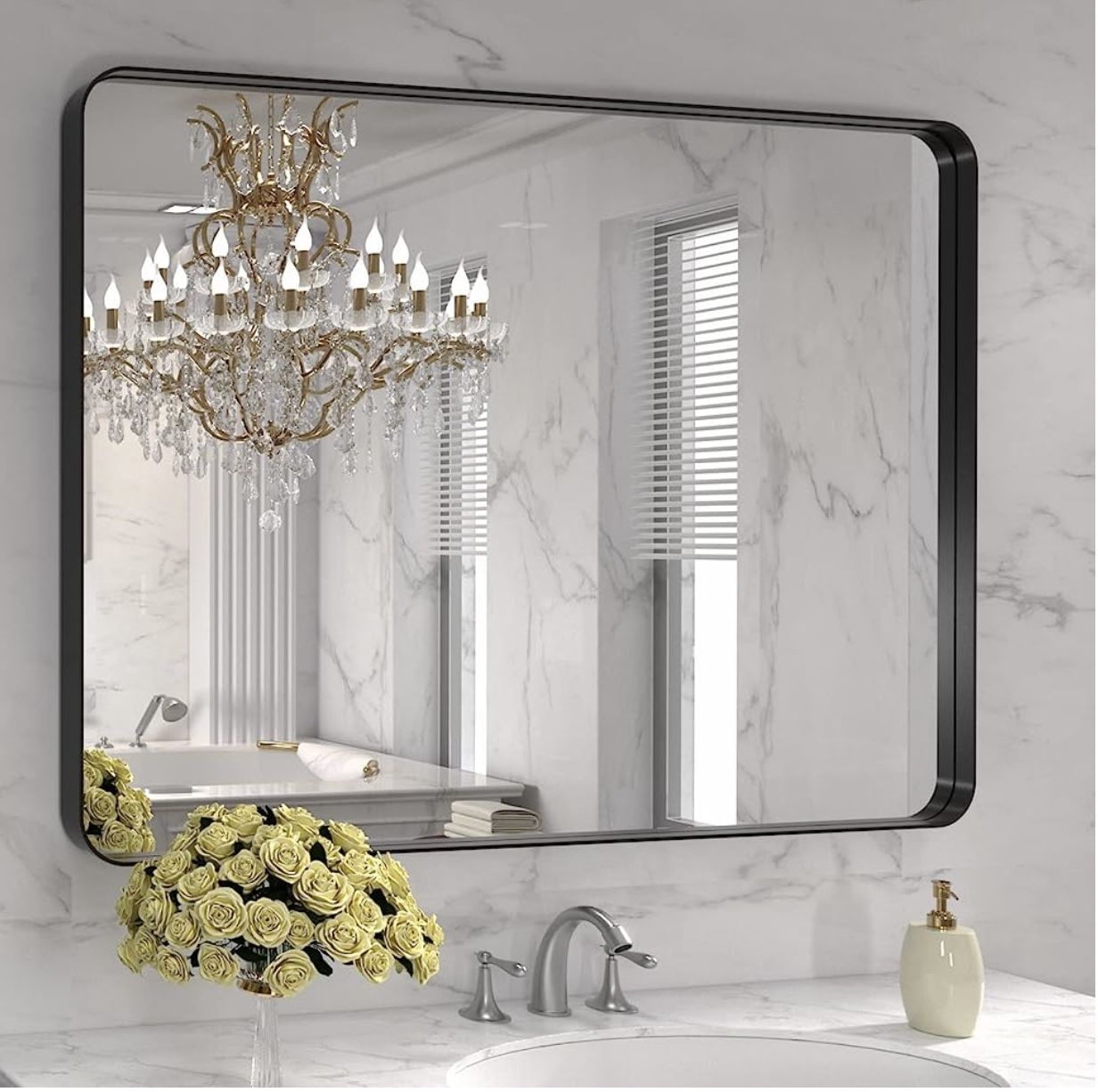 40X30 Inch Black Metal Framed Bathroom Mirror for Wall, Matte Black Bathroom Vanity Mirror Farmhouse, Large Rounded Rectangle Mirror, Anti-Rust,