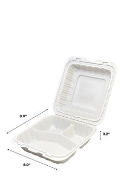 [150ct] 8"x 8" Microwaveable Mineral-Filled PP Hinged Food Containers | 3-Compartment | White