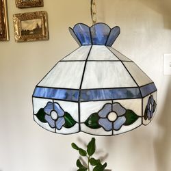 Vintage Tiffany-Style Blue Floral Stained Glass Pendent chandelier. ( price is firm)