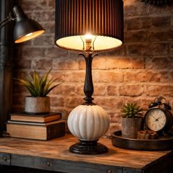 Hollywood Regency Ribbed Milk Glass Globe Brass Lamp w/ Bamboo Shade - 1950/60s