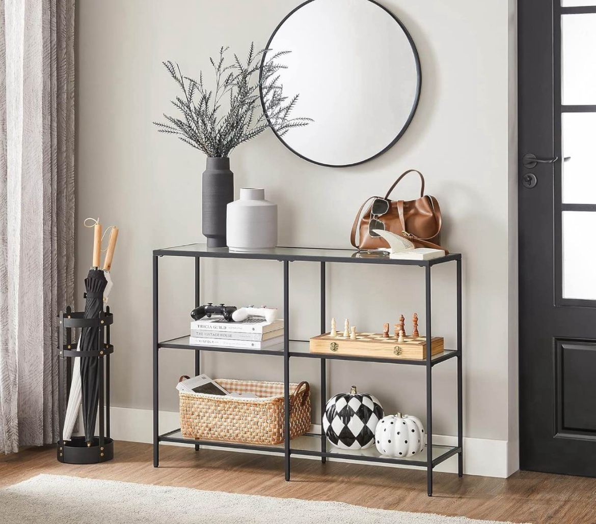 39.4 Inch Console Table with 3 Shelves, Sofa Tables, Modern Entryway Table, Metal Frame, Tempered Glass Shelf, Entryway Living Room Bedroo