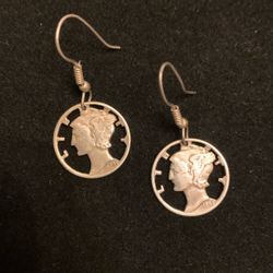 Beautiful 925 Silver Hand Cut Mercury Dime Earrings 1943