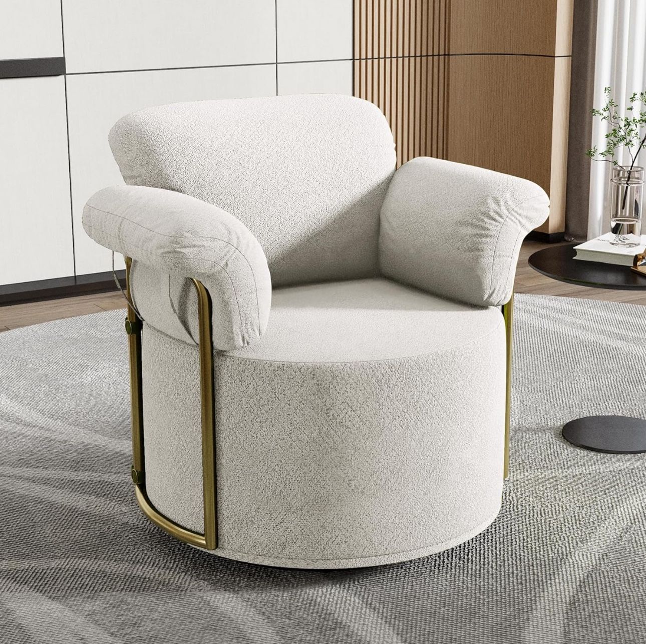 360 Degree Barrel Swivel Accent Sofa Chair,Fluffy Fabric Lounge Wide Upholstered Reading Chair 
