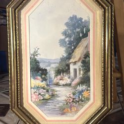 Vintage Watercolor Landscape Painting with Cabin and Flowers (22x15)