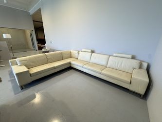 Modern Cream Leather Sofa Set (2) – Stainless Steel Base – Excellent Condition