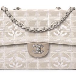 AUTHENTIC CHANEL Nylon Medium Travel Flap Light Beige