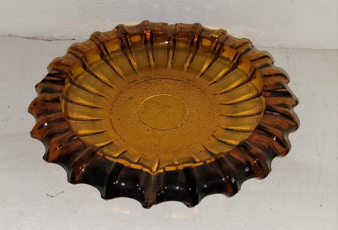 Ashtray Fostoria MCM Amber Starburst Ribbed Vintage Glass 1960s Amber Ashtray
