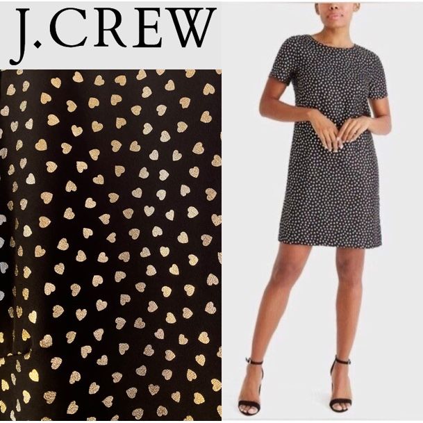 J. Crew Heart Print Sheath Shift Mini Dress Black Gold Metallic Size 6