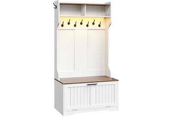Hall Tree with Bench, 15.7''W Entryway Bench with Coat Rack, Shoe Cabinet with Flip Drawer, LED Hall Tree with 9 Hooks and 2 Open Compartments, Wooden