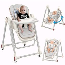 Wintline Baby High Chair,Foldable High Chair ,Double-Layer Baby Feeding Tray, Adjustable 3-In-1 High Chair&Swing Chair,Detachable PU Cushion