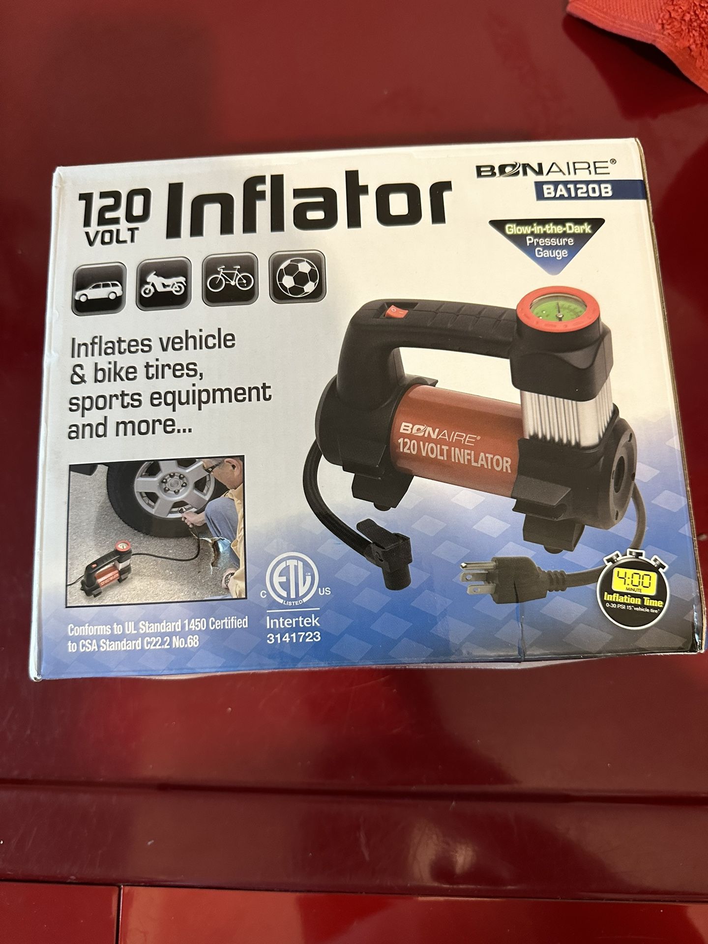 Bonaire Air Compressor Inflator 120V Pump With Pressure Gauge Intertek Vehicle Tire Bikes Sports Equipment Glow In The Dark