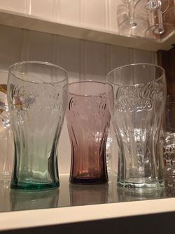 Vintage Libbey Coca-Cola 16oz Contour Glass Tumblers – Set of 3 (Georgia Green, Amethyst Purple, & Clear)