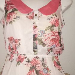 Floral Sleeveless Dress With Pink Collar Size Small Petite Button Front