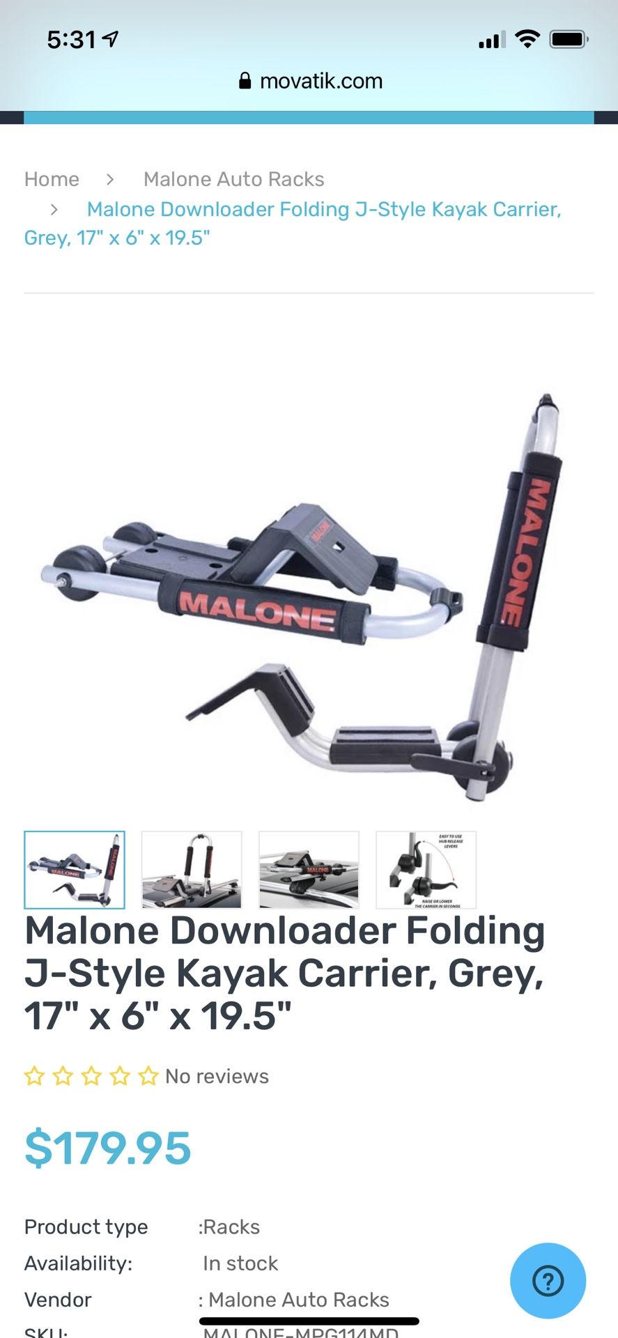 2 Sets of J Malone Kayak Carriers