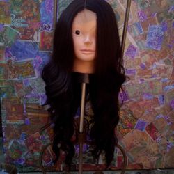 100% Real Human Hair Full Lace Wig Wavy Black 24 In