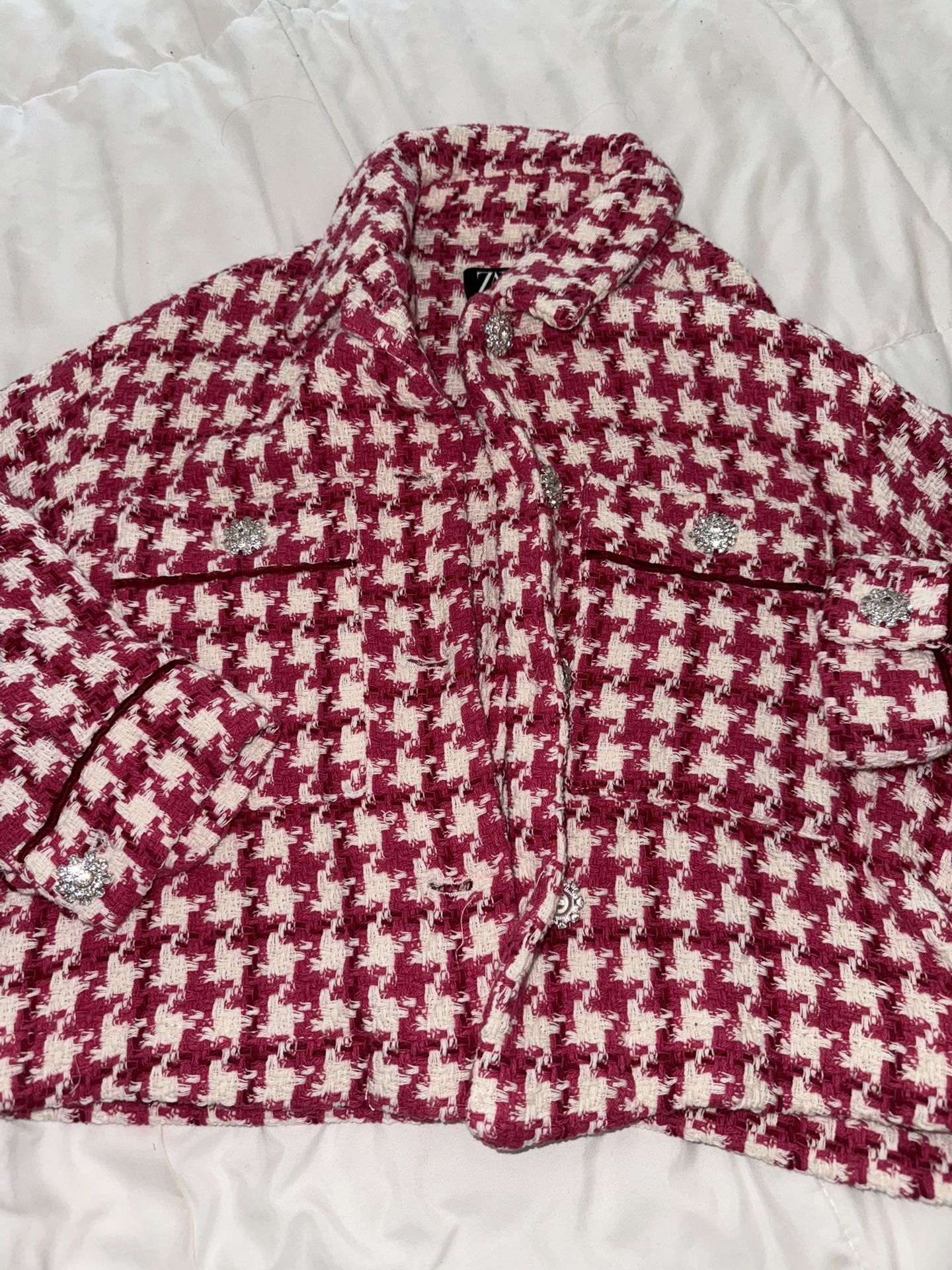Jacket Zara Houndstooth White Royal Pink 2024