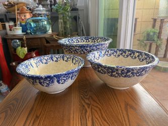 VTG Set Of 3 Blue/ White Spongeware Serving Bowls Certified Int Portugal 12.5”10.5” 9.5”