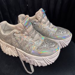 cute sparkly shiny silver platform sneakers size 9