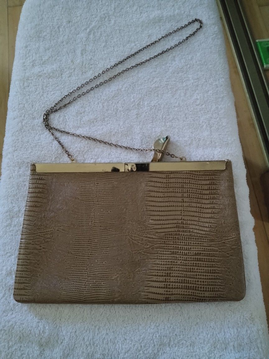 HOLIDAY EVENING PURSE with Gold Tone Trim & Chain - Light Brown Faux Snake Skin