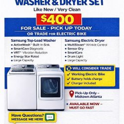  Samsung Deluxe Washer & Dryer Set – $400 OR Trade for Electric Bike 🔥
DESCRIPTION
Samsung Deluxe washer & dryer set in excellent condition.
