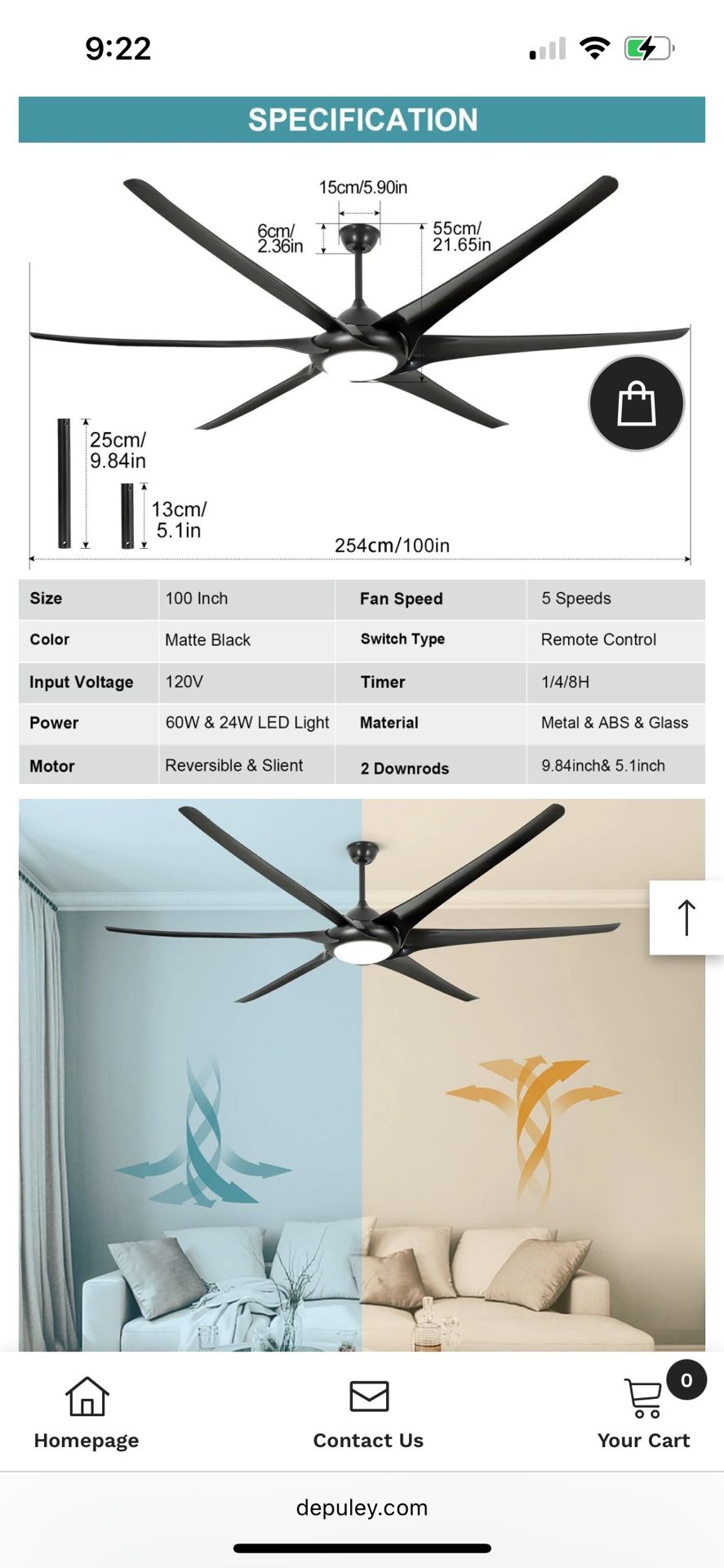 White 100 Ft Ceiling Fan W/LED Lights.