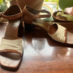 Cole Haan Genuine Leather Brown and Cream Chunky Heel Sandals