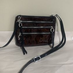Brighton Bronze Patent Leather Crossbody 3 Zip Pockets Leopard Lining Small Bag