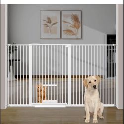 Ultra Narrow Spacing 57.68-73.43" Extra Wide Dogs Pets Baby Gate with Cat Door for Doorway Safety Proof Indoor Puppy Pressure Mounted No Drill White B