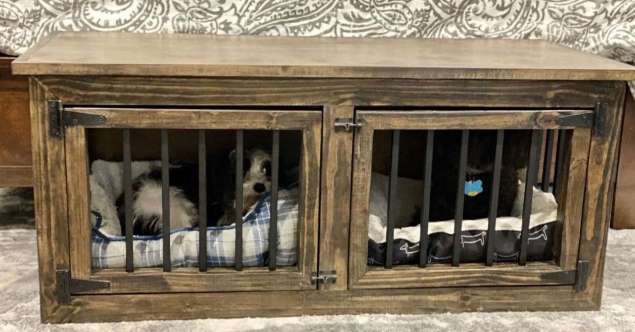Custom Built Dog Kennel Crate Cage House Console Cabinet TV Stand Farmhouse Modern Rustic Dog Bowl Toy Bed Wood Barn Door