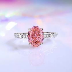 8x10 Oval Cubic Zirconia Crushed Ice Padparadscha Peach Pink Ring, Silver Size 7