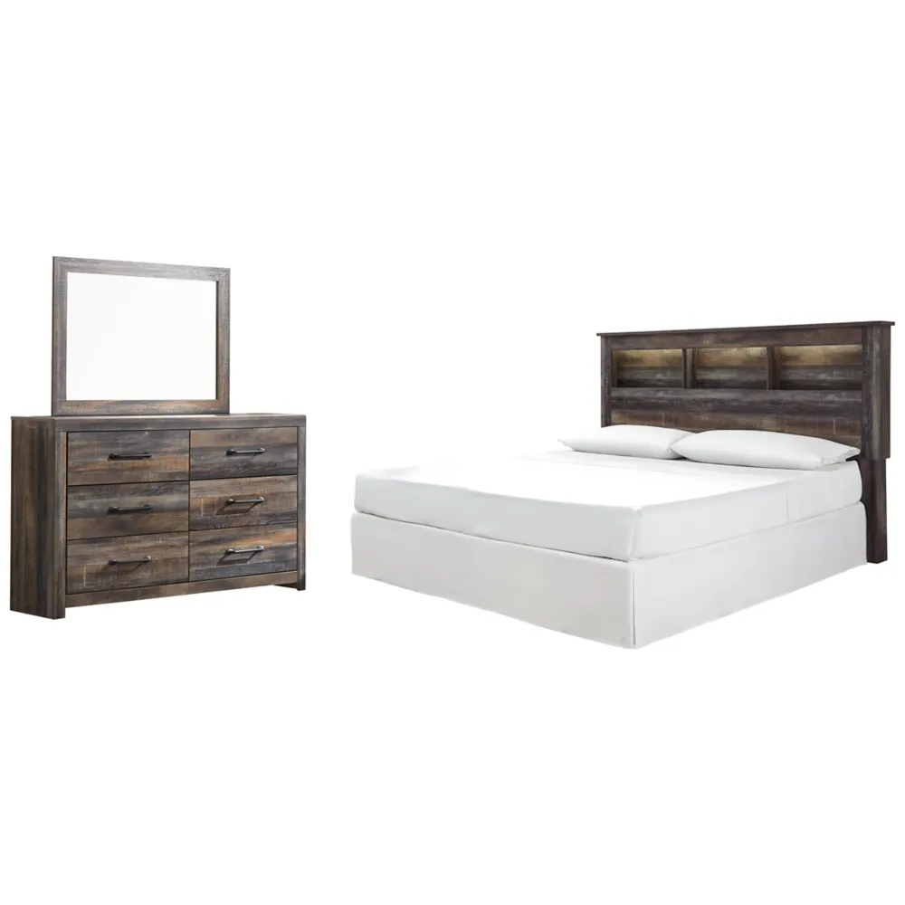 Drystan King/California King Bookcase Headboard Bed with Mirrored Dresser Closing Days of Warehouse Clearance