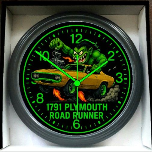 1971 Plymouth Roadrunner Glow In The Dark Wall Clock New!